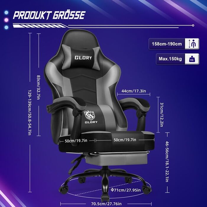 Ергономічне ігрове крісло з підставкою для ніг, ігрове крісло вантажопідйомністю 150 кг, ігрове крісло зі штучної шкіри, безшумні колеса на 360, ігрове крісло для ПК для підлітків та дорослих, сірий/чорний