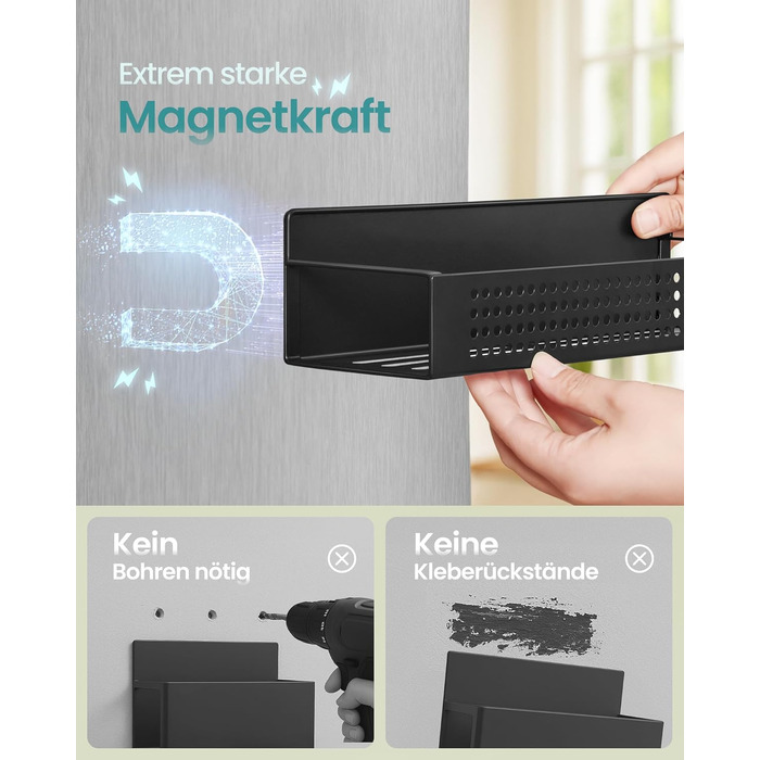 Магнітна полиця для спецій SONGMICS, набір з 4 шт. , 2 великі та 2 малі полиці, органайзер для спецій без свердління, магнітна полиця, для кухні, холодильника, мікрохвильової печі, пральної машини, чорний колір KCS061B01, легована сталь чорного кольору