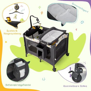 В 1 Складане дорожнє ліжечко, приліжкова колиска, пеленальний столик та манеж, 2-рівневе дитяче ліжечко з регульованою висотою, сумкою для перенесення, матрацом та музичним мобілем, вантажопідйомність 15 кг (темно-сірий), 4