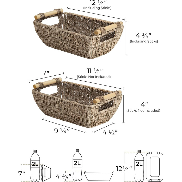 Вироби для зберігання Невеликі плетені кошики ручної роботи, морська трава, кошики для зберігання з дерев'яними ручками, 30,5 x 18,3 x 10,9 см, упаковка 2 шт.