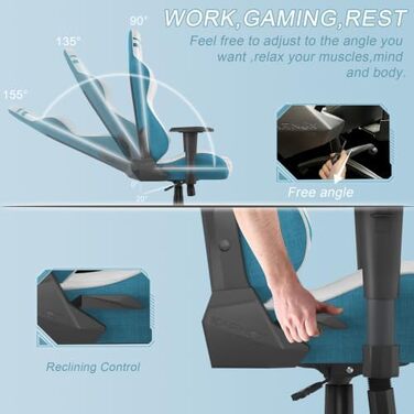 Геймерське крісло з тканинним чохлом та 4D підлокітниками Ергономічне офісне крісло з опорою для голови та попереку, регулювання висоти, функція нахилу 90-155, білий/синій