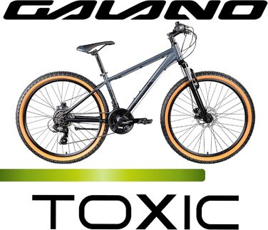 Гірський велосипед Galano Toxic 26 дюймів від 145 см для жінок, чоловіків, дівчат, хлопців з 21 передачею, амортизаційною вилкою та дисковими гальмами, гірський хардтейл, унісекс, чорний, 36 см
