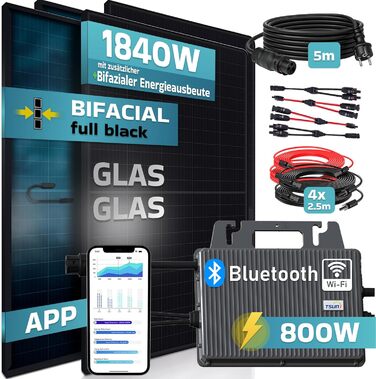 Балконна електростанція SUNNIVA 1840 Вт ДВОХФАЗІАЛЬНА, ПОВНОГО ЧОРНОГО кольору, в комплекті з розеткою, інвертор TSUN 800 Вт, фотоелектрична сонячна система, 4 сонячні модулі зі скла по 460 Вт, включаючи кабель 5 м, Bluetooth WIFI, повний комплект