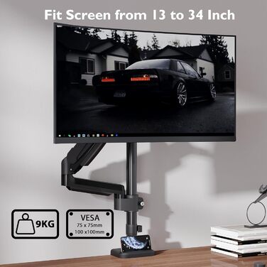 Тримач для монітора 13-34 дюйми LCD LED, навантаження до 9 кг, газліфт, поворотний на 360, нахил, поворот, одноплечий кронштейн, кріплення на стіл, сумісність VESA 75/100 мм