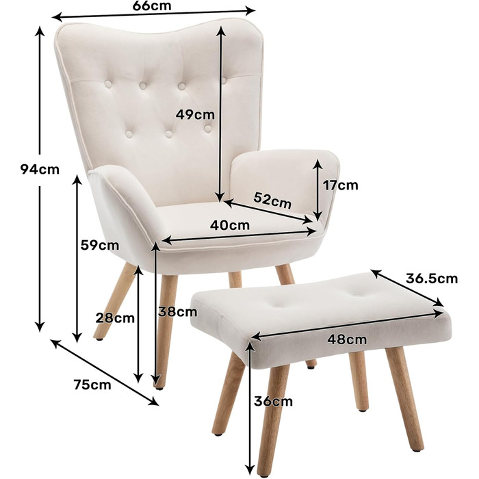 Крісло HollyHOME з підніжкою та підставкою для ніг, крісло з підставкою для ніг, крісло для вітальні та спальні, оксамитове крісло-реклайнер, крісло для читання, крісло для відпочинку, крісло, бежевий