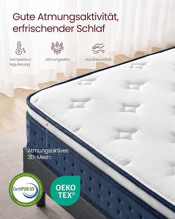Матрац VASAGLE, 140 x 200 x 20 см, пружинний матрац з гелевої піни з ефектом пам&39яті, середньої жорсткості, H3, 7-зонна підтримка, ізоляція руху, дихаючий чохол, синій RMZ214QZ02 140 x 200 см 20 см