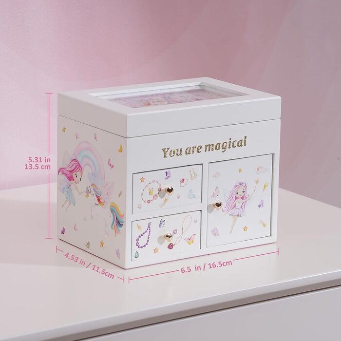 Шкатулка для ювелірних виробів Lolalet для дівчаток, дерев&39яний органайзер для ювелірних виробів з єдинорогом, шкатулка для ювелірних виробів для намиста, сережок, браслета, годинника, помади, кільця - біла