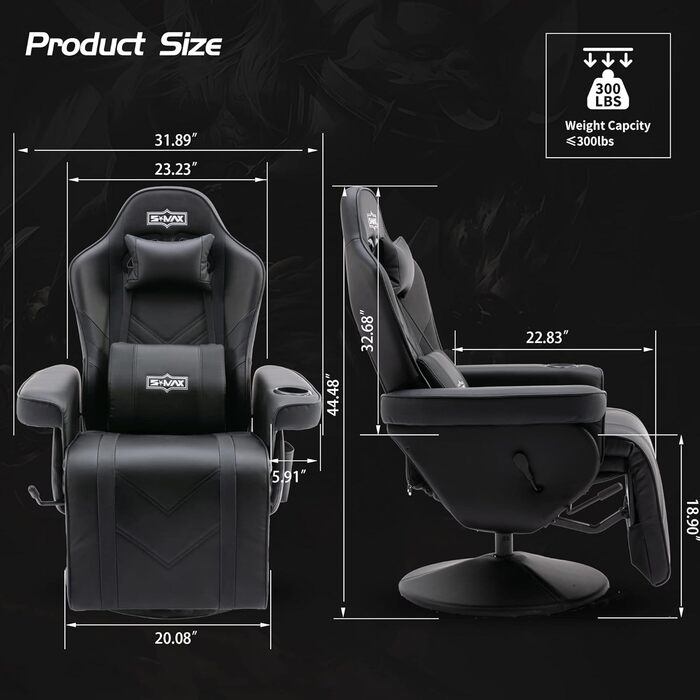 Ігрове крісло S*MAX з підставкою для ніг, ігрове крісло з високою спинкою та регульованою спинкою, підсклянник, бічна кишеня, ігрові крісла для дорослих, чорне, XL