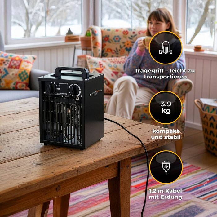 Електричний вентилятор-обігрівач 3 кВт з термостатом, IP24 EH-3 PRO, обігрівач для майстерні, 495 м/год, радіатор, обігрівач для гаража, обігрівач для будівництва, енергозберігаючий вентилятор-обігрівач