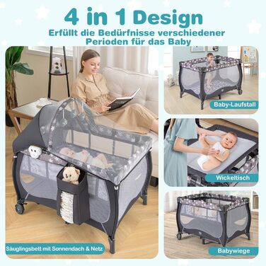 Складане дорожнє ліжечко 102 x 72 см, дитяче ліжечко з матрацом, колесами, москітною сіткою та пеленальний килимок, дитяче ліжечко 3 в 1 для новонароджених та дітей 0-36 місяців (сіре)