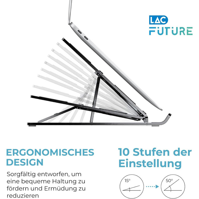 Підставка для ноутбука LAC FUTURE, 10 рівнів регулювання, вентильована з охолодженням, для MacBook Pro/Air, Dell, HP (10-15,6) - чорний пластик, 10 позицій