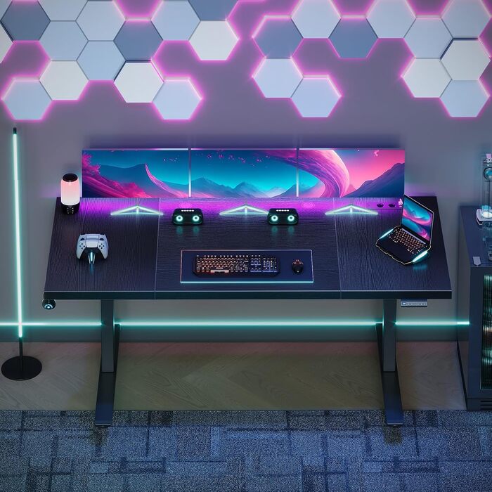 Стіл OffiGo з регульованою висотою 180x70 см, стільниця 35 мм, електричний стіл з розеткою, стіл для роботи стоячи з міцними Т-подібними ніжками, ідеальна ергономіка для офісу, ігор, чорний 180 x 70 см (35 мм)