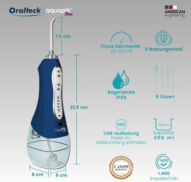 Портативний акумуляторний іригатор для порожнини рота Aquapik One для подорожей Очищення води 5 режимів тиску та функціональність Потужний професійний іригатор порожнини рота 8 насадок 300мл (синій) Blue Azul