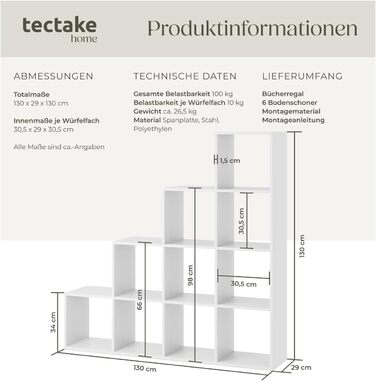 Книжкова полиця tectake, полиця-шафа як роздільник кімнати у вітальні, перегородка в дитячій кімнаті, сходинка у спальні, кухні або гардеробі, кубічна полиця, офісне сховище, полиця для взуття - біла