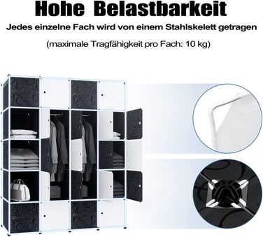 Система полиць, вставний стелаж із пластику, шафа з дверима та рейкою для одягу, шафа для спальні, комбінована шафа для одягу, книг, іграшок (20 кубиків, білий та чорний)