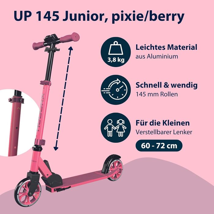 Дитячий самокат HUDORA Scooter Up 145 Junior надійний та безпечний, від 3 років, складаний міський самокат, колеса 145 мм, регульована висота, до 60 кг, колір pixie/berry