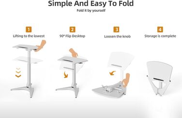 Мобільний стіл для ноутбука Claiks, регульована висота (FSC) 7545 см, складаний та з колесами для гнучкого домашнього офісу, верхня частина з нахилом 90, легкий та компактний, ідеально підходить для дивана, ліжка та крихітного офісу (білий), високоякісний