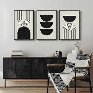 Чорно-біле абстрактне настінне мистецтво в стилі бохо в рамці, 3 шт. сучасні бежеве полотно, картини-витвори мистецтва для стін, чорні геометричні картини для вітальні, спальні, коридору, офісу, настінний декор 16x24 дюймів, 16&39 Ш x 24&39 В x 3 шт. геом