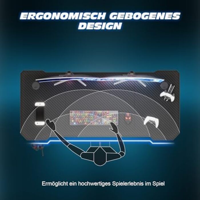 Ігровий стіл 120 x 60 см, ігровий стіл, ПК-стіл з гачком для навушників та карбоновим покриттям, ергономічний комп&39ютерний стіл, металевий каркас, карбон чорного кольору