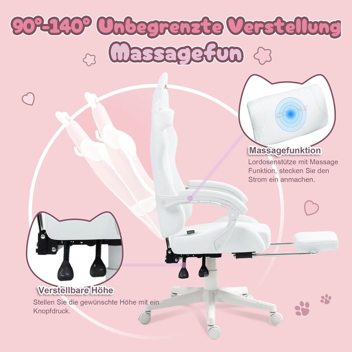 Ігрове крісло Dowinx - Видання &quotМилий кіт&quot - Ергономічне комп&39ютерне крісло з високою спинкою та поперековою опорою, шкіра синтетична, підставка для ніг, білий кіт, білосніжний