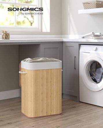 Кошик для білизни з кришкою, 72 л, бамбуковий, складаний, зі знімним мішком для прання, з ручками, для пральні, спальні, колір дер
