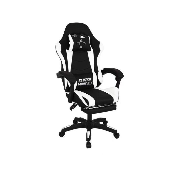 Ергономічне ігрове крісло FRANKYSTAR Clutch, офісне крісло з поперековою подушкою, підголівником та підставкою для ніг з ПВХ, чорно-біле