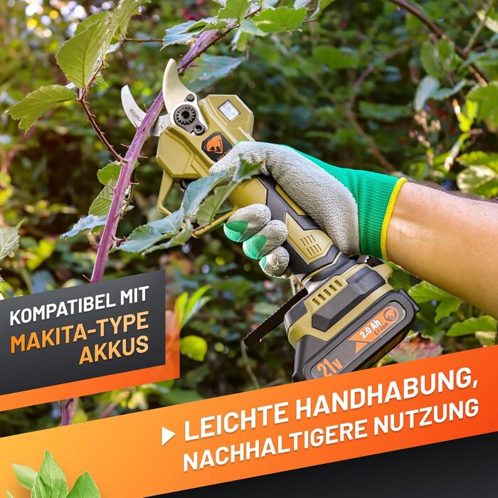 Акумуляторні садові ножиці GRNTEK 21V 2Ah безщіткові, електричні садові ножиці, живлення від акумулятора до 30 мм, безщітковий двигун 400 Вт, лезо SK5, сумісні з Makita, повний комплект у футлярі
