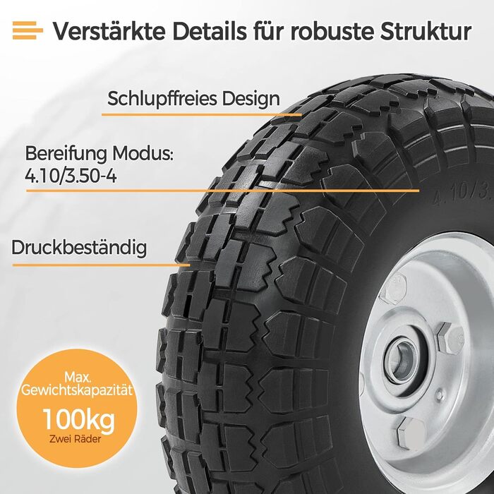 Колесо PU Yaheetech 2 шт. для візка, ØxШ 255 x 80 мм, 4.10/3.50-4, під вісь 16 мм, суцільне, безкамерне, зносостійке - запасне колесо для тачки/візка