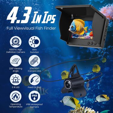 Ехолот з 4,3-дюймовим IPS-дисплеєм та підводною камерою, кабелем 30 м, акумулятором 5000 мАг, водонепроникністю IP65, нічним баченням з широким кутом огляду 220 для морської риболовлі, підлідної риболовлі, річкової риболовлі та риболовлі на озері.