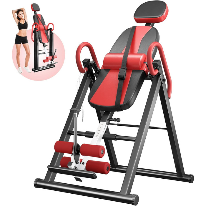 Регульований/складаний інверсійний стіл YOLEO з потрійним блокуванням безпеки, гравітаційний тренажер з ременем безпеки для терапії та полегшення болю в спині/шиї, червоний