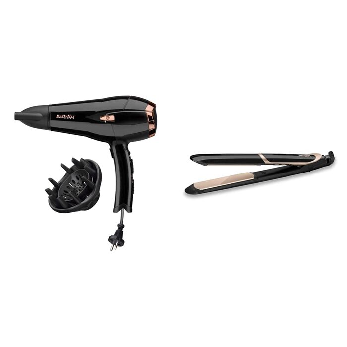 Набір BaByliss фен Cordkeeper 2000W з автоматичним змотуванням кабелю в ручку (D373E) та випрямляч Super Smooth з іонною технологією (ST393E, 140C - 235C), чорний
