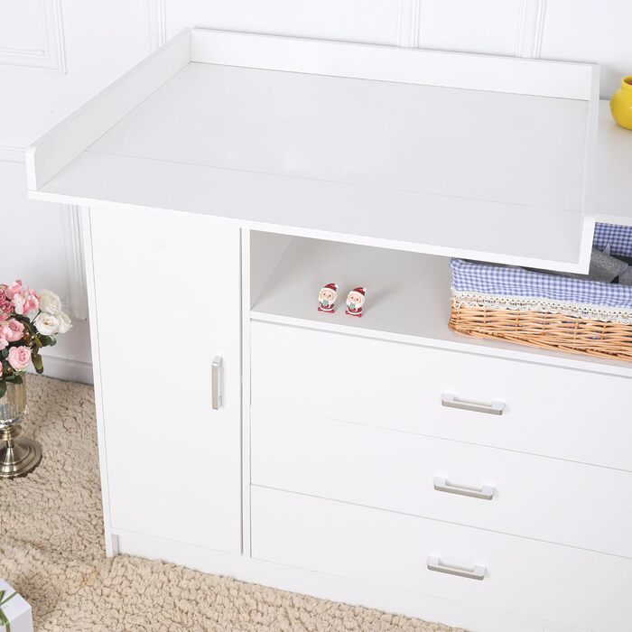 Пеленальний столик ecomi, дитячий комод з дерева з пеленальною тумбою, 3 шухляди, 1 дверцята, висота 100 см, білий колір, пеленальний столик 113x100 см, хромовані ручки