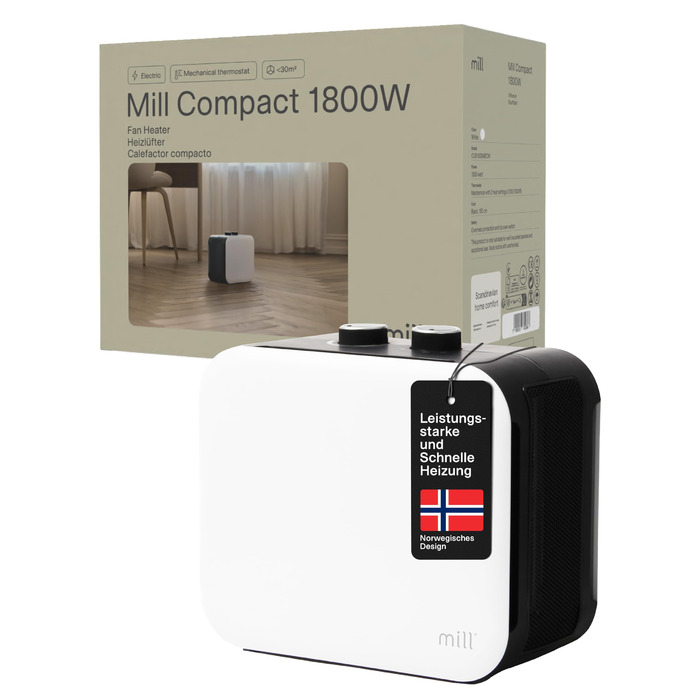 Керамічний вентилятор-обігрівач Mill, маленький та тихий, 1800 Вт, портативний обігрівач для приміщень площею 5-30 м, електричний обігрівач, електричне опалення, електричний обігрівач, пристрої для опалення приміщень, електричний радіатор - білий, 5-30 м