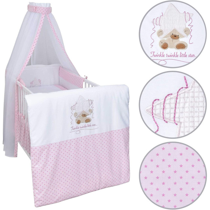 Комплект дитячого ліжка Generic Baby Deluxe, дитяче ліжко 60x120 см, що трансформується в дитяче ліжко, біле, 10 предметів, комплект постільної білизни Max, матрац, шифоновий балдахін (блискучий рожевий)