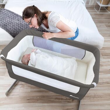 В-1 суміжне спляче ліжко та колиска, 0-6 місяців (0-9 кг), регульоване суміжне спляче ліжко, 5 рівнів висоти, великий м&39який матрац, сітчасті боковини, складні боковини, тонований графіт, 2-