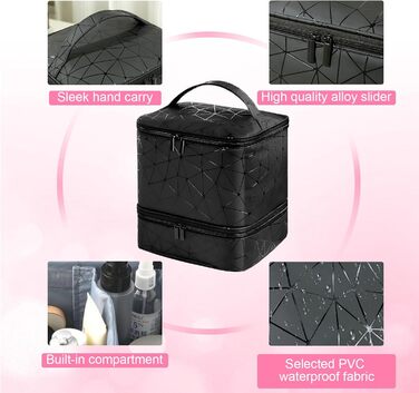 Портативна сумка для зберігання лаку для нігтів HA BIN, двошарова сумка-органайзер для лаку для нігтів на 30 пляшечок 1 лампа, водонепроникна з відділеннями, косметичка для подорожей, чорна