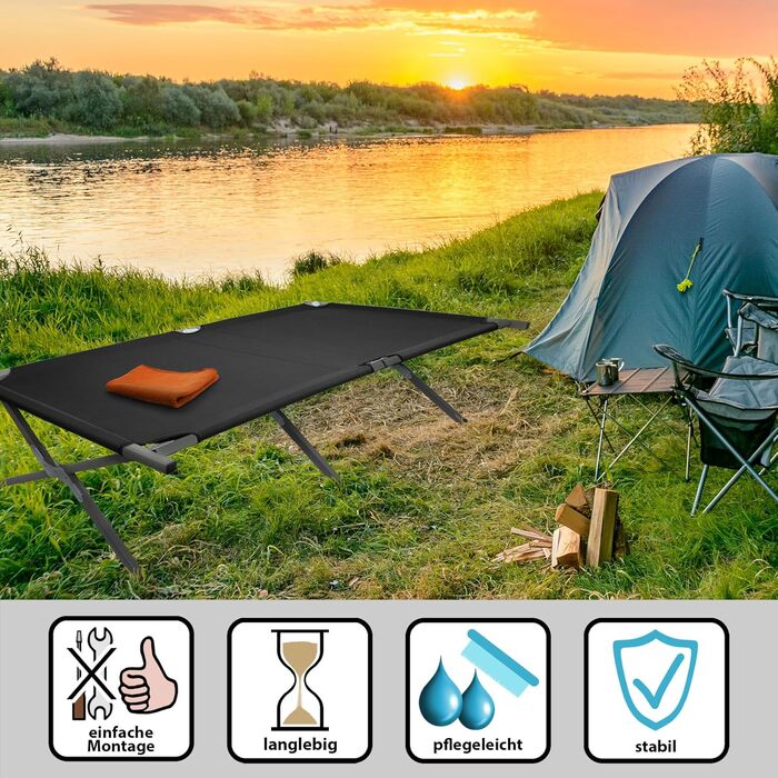 Складане похідне ліжко BB Sport 190 x 64 x 41 см, міцне, кемпінгове ліжко, вантажопідйомність 180 кг, портативне, зручне, дорожнє ліжко, сталева труба, тканина Оксфорд 600D, сумка для перенесення, гостьове ліжко, складне, чорного кольору