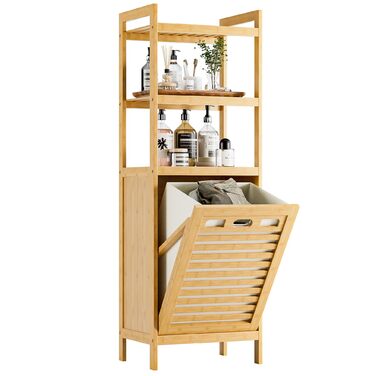 Шафа для ванної кімнати HITNET з кошиком для білизни, бамбукова шафа для ванної кімнати з кошиком для білизни та 3 відкритими полицями, знімні внутрішні кишені об&39ємом 32 л з ручками для ванної кімнати та спальні, натуральний колір