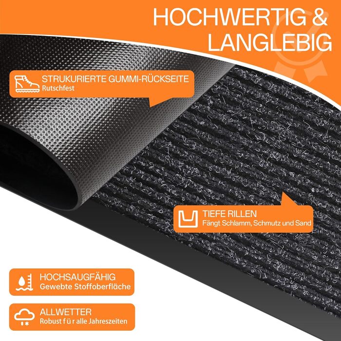 Килимок для дверей для дому/вулиці, 60 x 120 см, брудозатримуючий килимок для вхідних дверей, нековзка основа, високопоглинаючий, килимок для дому, офісу та вхідних дверей, чорний з чорними смужками, 60 x 120 см