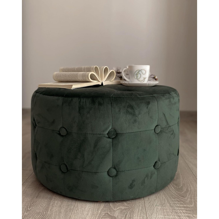 Сучасний пуф з оксамитової тканини, декоративний стьобаний круглий темно-зелений, колір Тампа