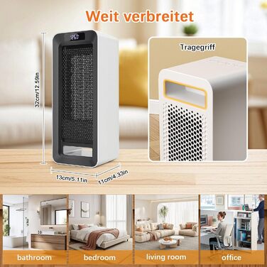 Невеликий енергозберігаючий електричний обігрівач - 1500 Вт з керамічним нагрівальним елементом PTC, 3-швидкісний нагрів, захист від перегріву та перекидання, електричний нагрівач