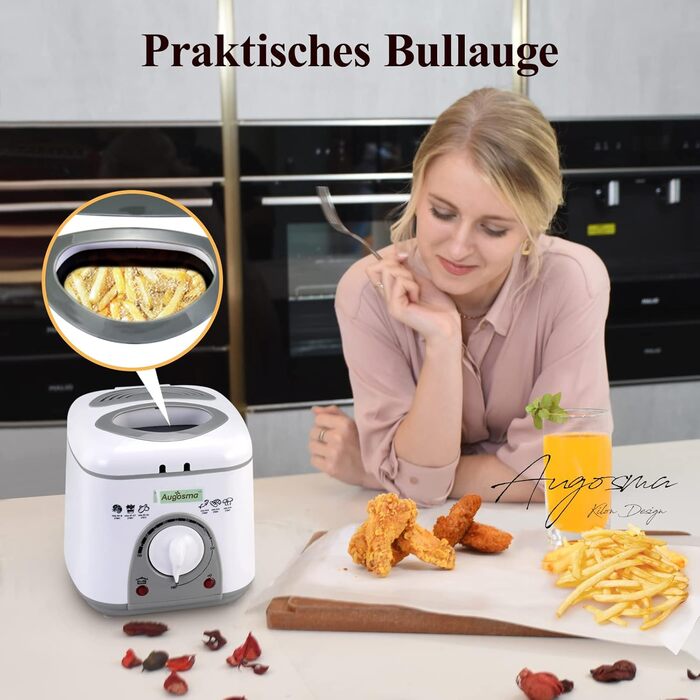 Міні-фритюрниця Augosma з олією 850-950 Вт л Ємність 1 л Оглядове вікно l Кошик для смаження з нержавіючої сталі l Регульована температура l Теплоізольований l Нековзна гумова накладка l Білий 1 л