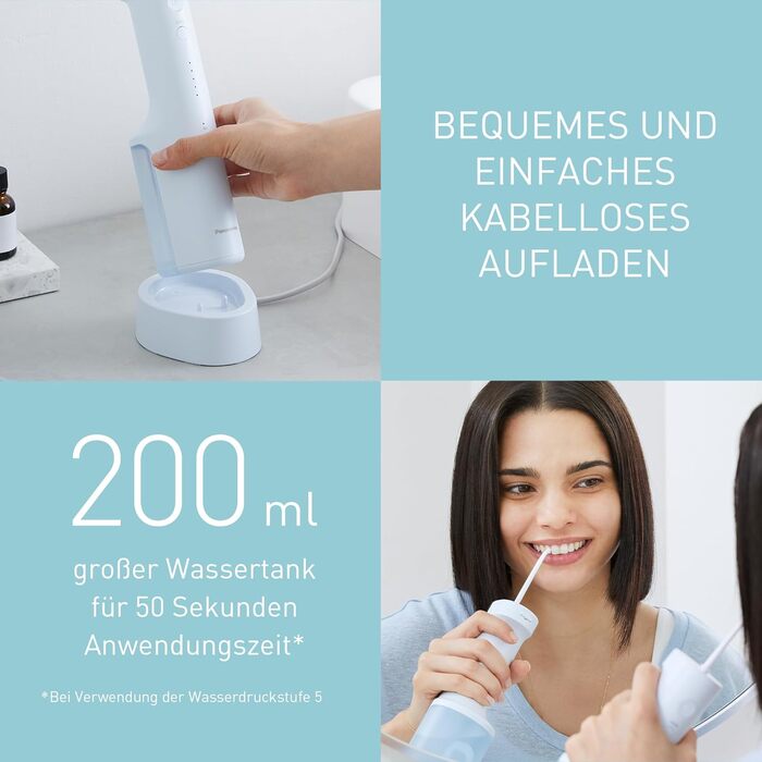 Портативний іригатор для ротової порожнини EW-DJ27-A303, бездротовий душ для рота, резервуар 200 мл, захист IPX7, 4 стандартні насадки, 5 рівнів тиску води, дорожній набір, крижано-блакитний колір, 300