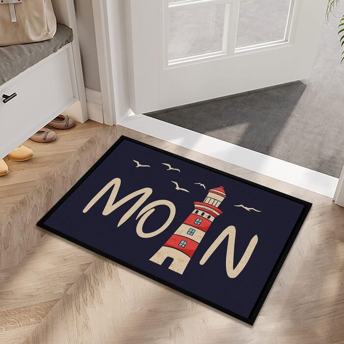 Кумедний килимок для дверей з написом - Moin з маяком - північнонімецький - ласкаво просимо - нековзний та миється - 60x40 см, 3