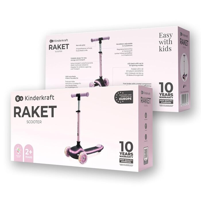 Дитячий самокат Kinderkraft RAKET (від 1 року, до 50 кг), LED-колеса, регульоване кермо, сучасний дизайн, рожевий