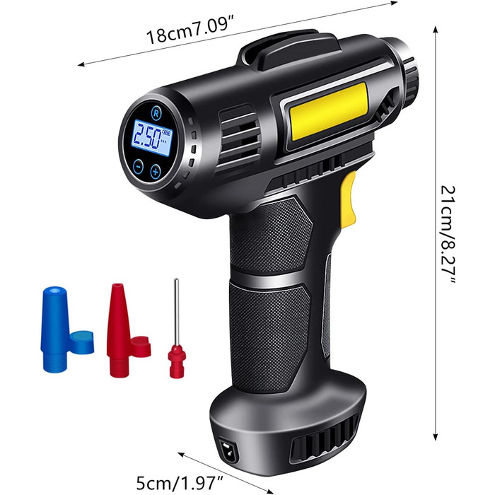 Акумуляторний компресор для накачування шин, повітряний компресор, 2000 мАг, акумулятор USB, 150PSI, портативний, цифровий автомобільний компресор для накачування шин із цифровим світлодіодним манометром і насадками для автомобілів, мотоциклів, велосипеді