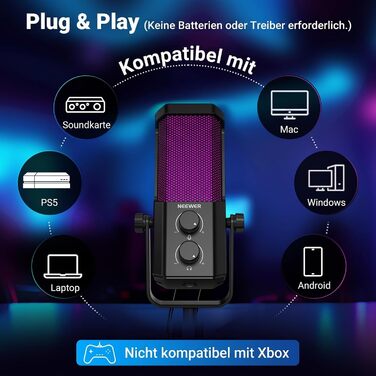 Мікрофон NEEWER AI для подкастингу, Plug & Play, кардіоїдна спрямованість, RGB-підсвітка, UM01
