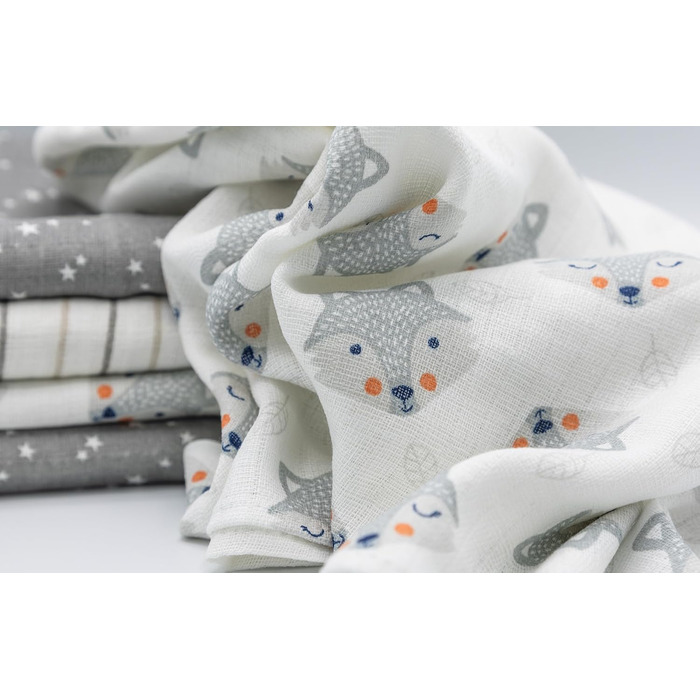 Муслінові серветки Clever Kids упаковка 5 лисичка світло-сіра та зірочки Oeko-TEX подвійне плетіння 70x80 серветки для відрижки (л