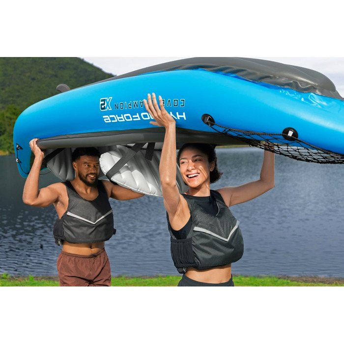 Каяк Bestway Hydro-Force Cove Champion X2 Надувний човен з ручним насосом, веслом, сидіннями, ластами та сумкою для зберігання Двомісний 331 x 88 x 45 см, синьо-сірий