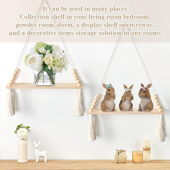 Набір з 2 макраме настінна полиця дерев'яна підвісна полиця настінна полиця бохо прикраса стін бавовняна мотузка з дерев'яними кит